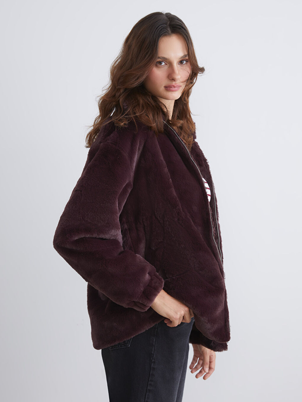 Funnel Neck Women's Faux Fur Overcoat