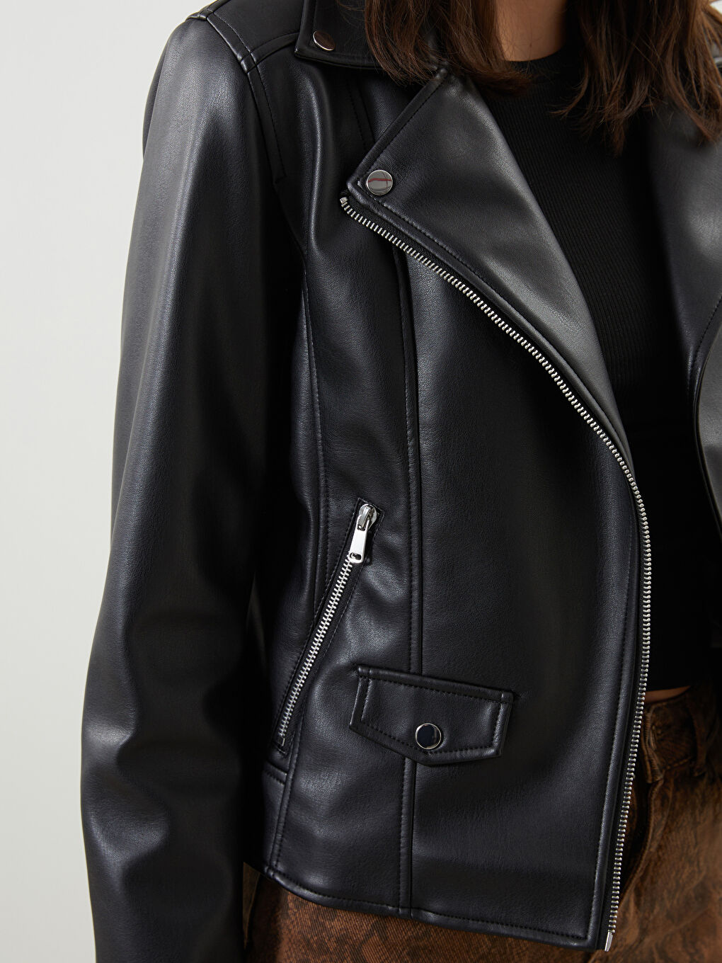 Biker Neck Women's Faux Leather Jacket-2