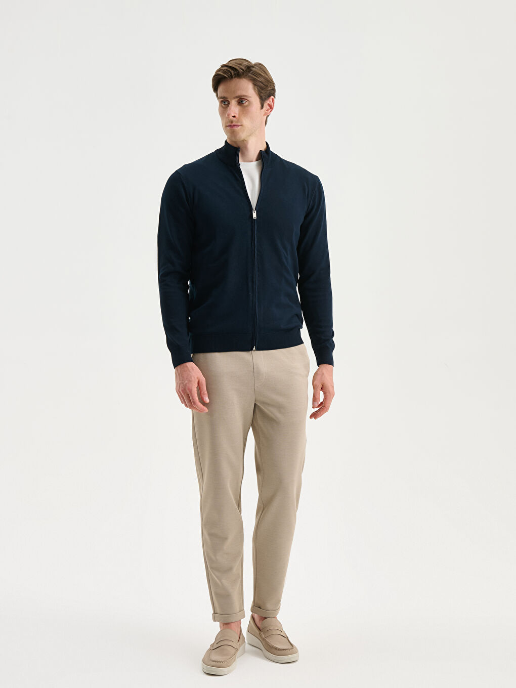 Lacivert Standart Kalıp Dik Yaka Erkek Triko Hırka-1