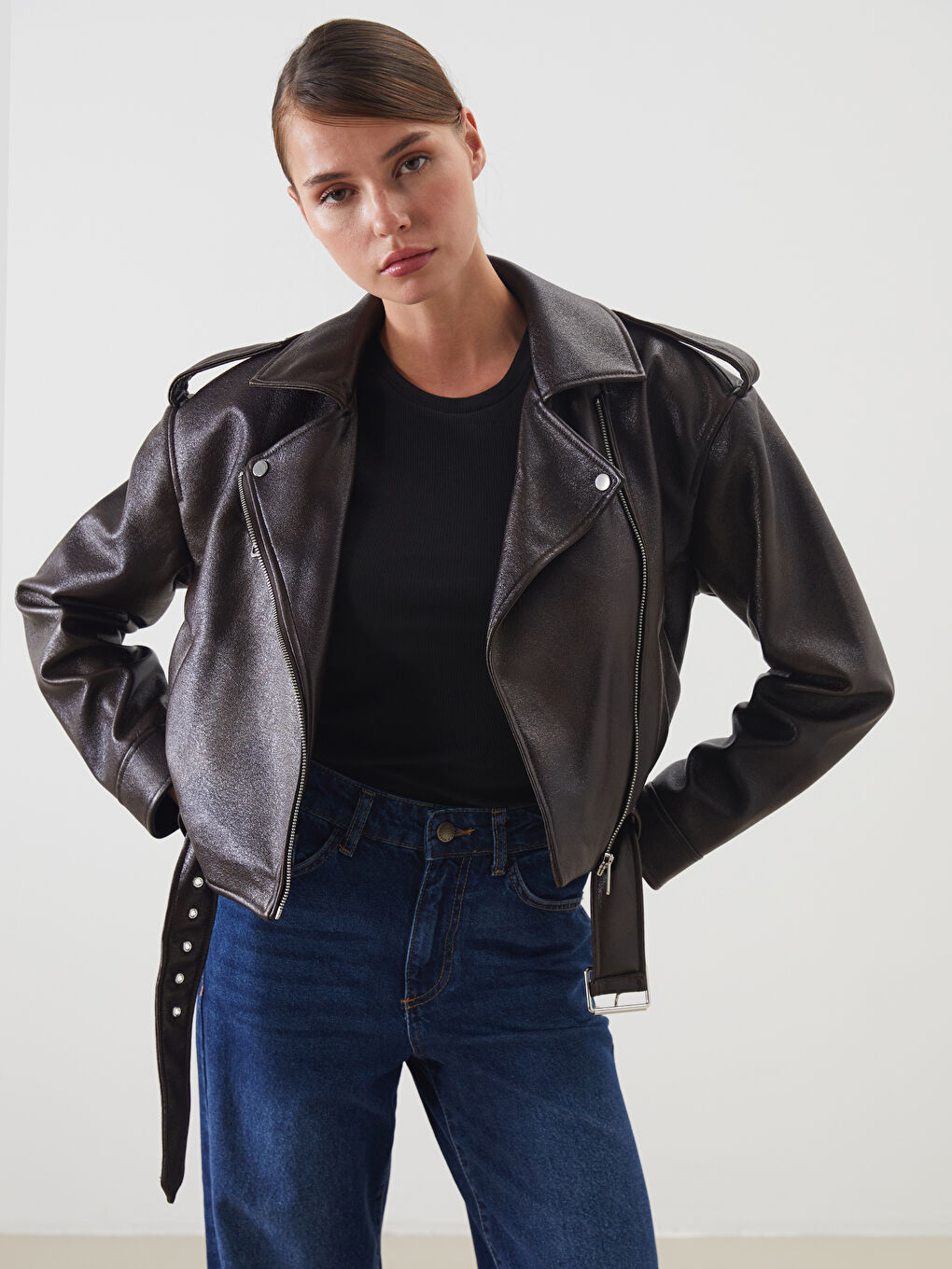 LCW Vision Biker Neck Belted Women's Faux Leather Jacket -W57774Z8-D7V