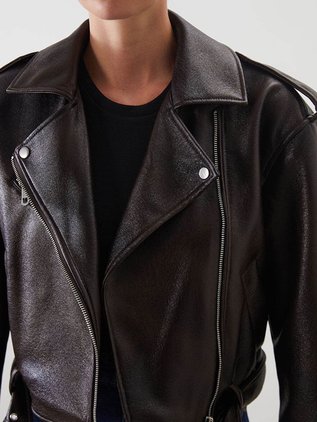 LCW Vision Biker Neck Belted Women's Faux Leather Jacket -W57774Z8-D7V