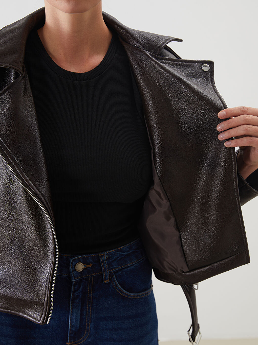 LCW Vision Biker Neck Belted Women's Faux Leather Jacket -W57774Z8-D7V