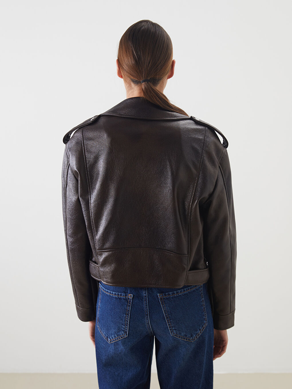 LCW Vision Biker Neck Belted Women's Faux Leather Jacket -W57774Z8-D7V