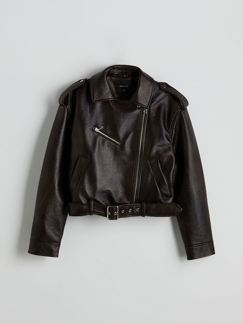 LCW Vision Biker Neck Belted Women's Faux Leather Jacket -W57774Z8-D7V