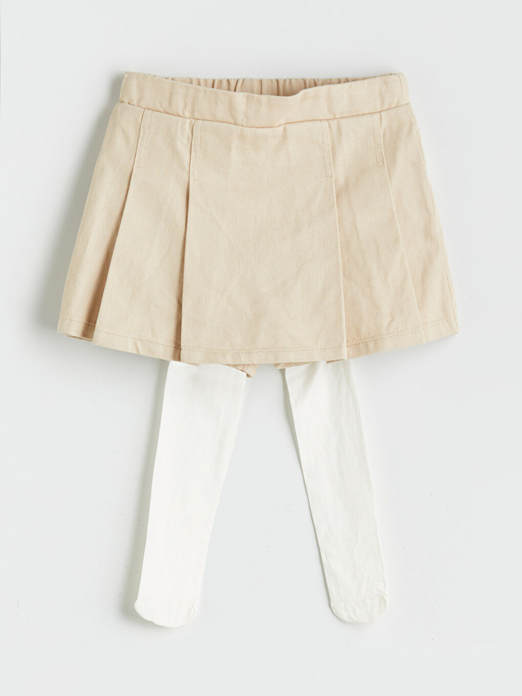 Bej Beli Lastikli Kız Çocuk Etek ve Külotlu Çorap 2'li-1