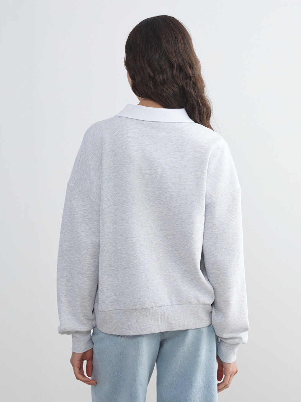 Gri Polo Yaka New York Baskılı Kadın Kalın Sweatshirt-3