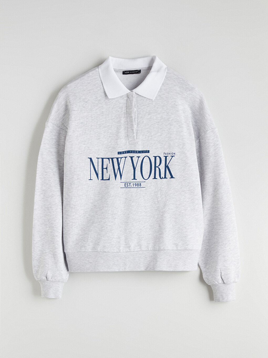 Gri Polo Yaka New York Baskılı Kadın Kalın Sweatshirt-4