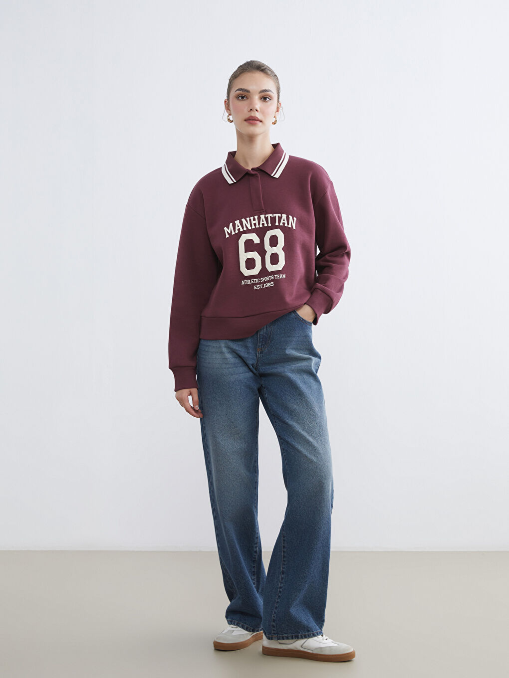 Mürdüm Polo Yaka Manhattan Baskılı Kadın Kalın Sweatshirt-1