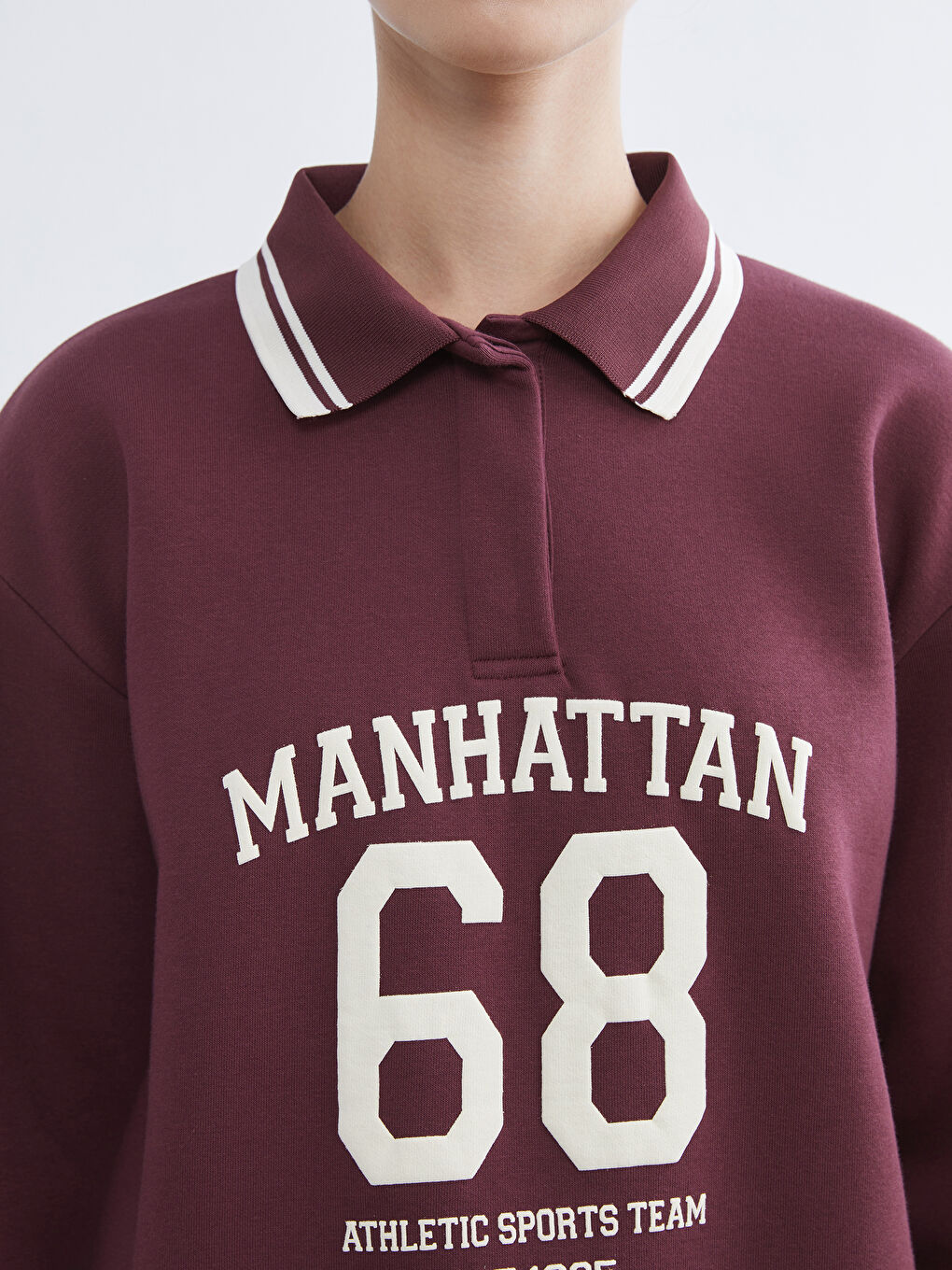 Mürdüm Polo Yaka Manhattan Baskılı Kadın Kalın Sweatshirt-2