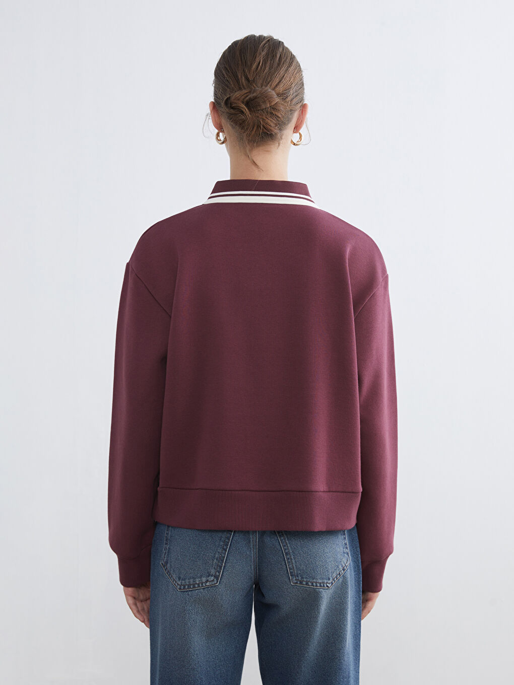 Mürdüm Polo Yaka Manhattan Baskılı Kadın Kalın Sweatshirt-3