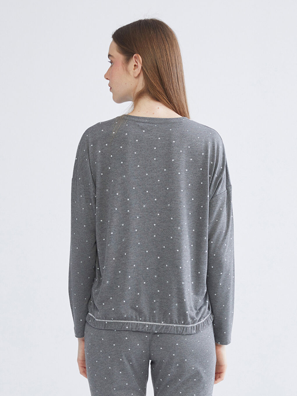 Gri Bisiklet Yaka Baskılı Kadın Pijama Üst-1