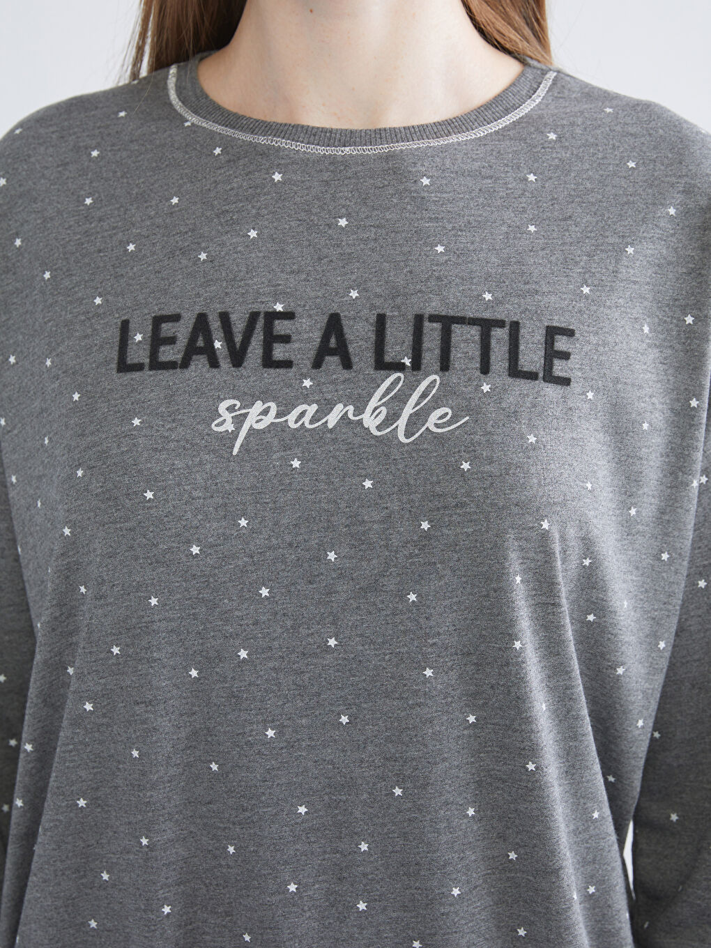 Gri Bisiklet Yaka Baskılı Kadın Pijama Üst-2