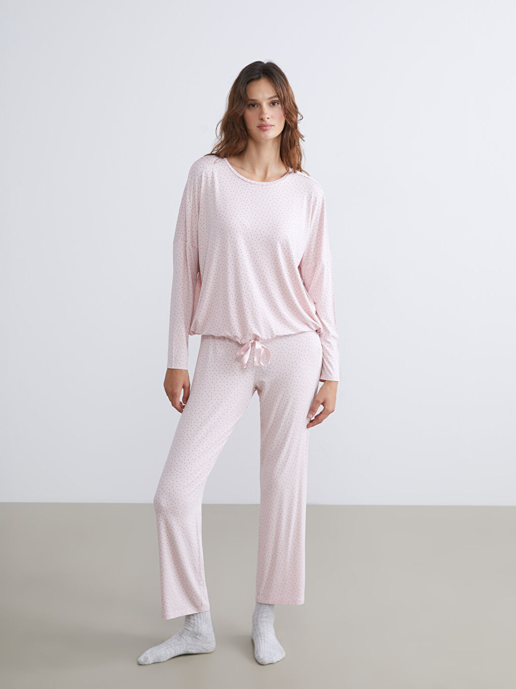 Pembe Beli Lastikli Puantiyeli Kadın Pijama Alt