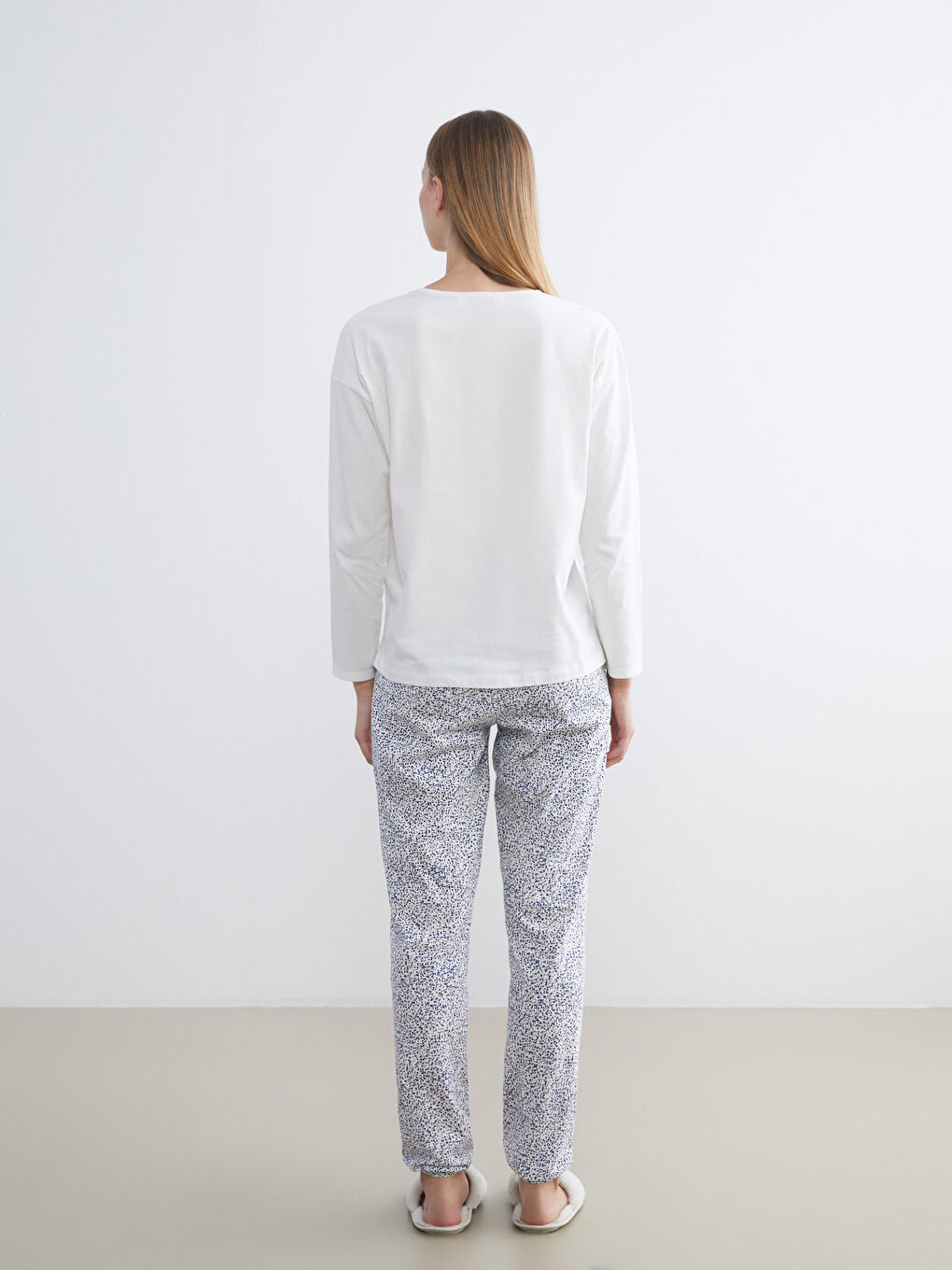 Ekru Beli Lastikli Puantiyeli Kadın Pijama Alt-1