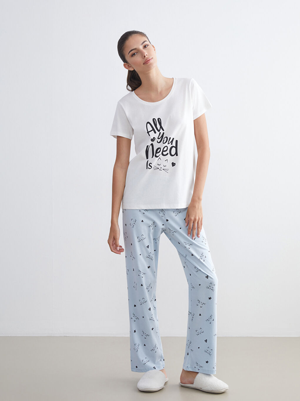 Mavi Beli Lastikli Kedi Desenli Kadın Pijama Altı