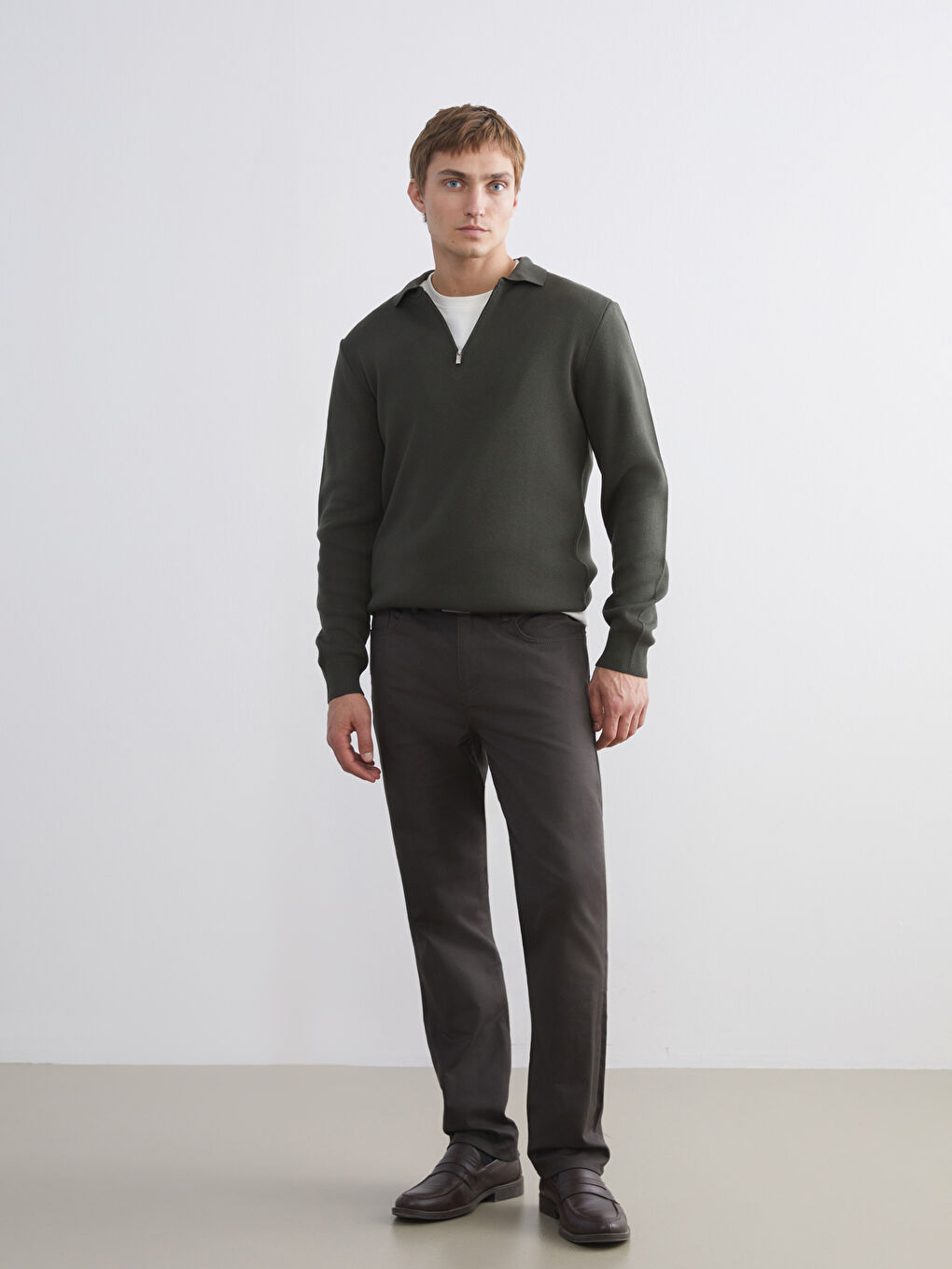 Haki Polo Yaka Erkek Triko Kazak-1