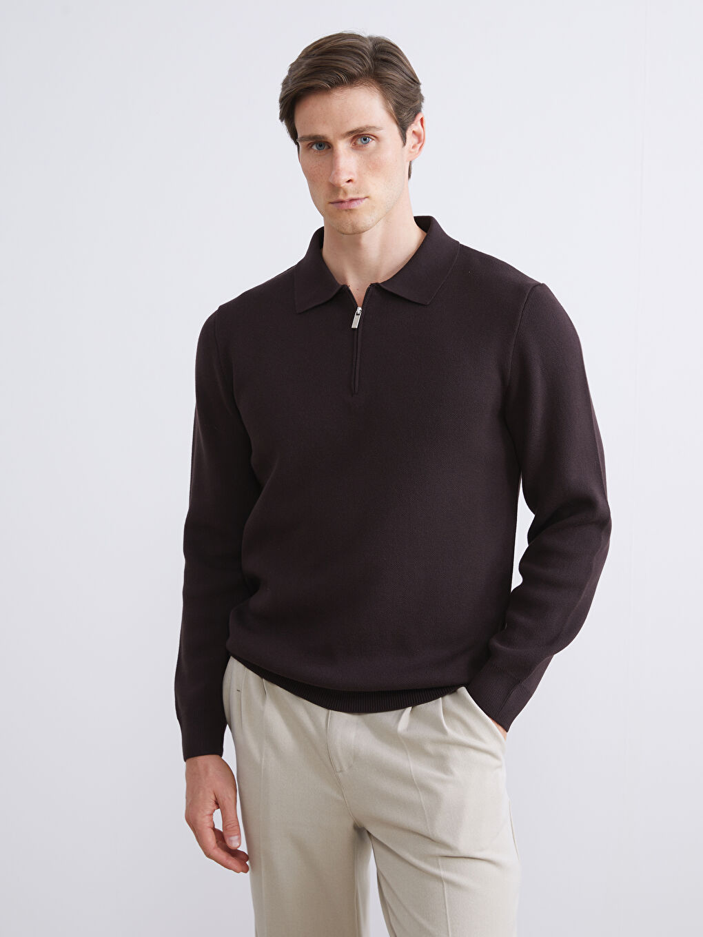 Kahverengi Polo Yaka Erkek Triko Kazak