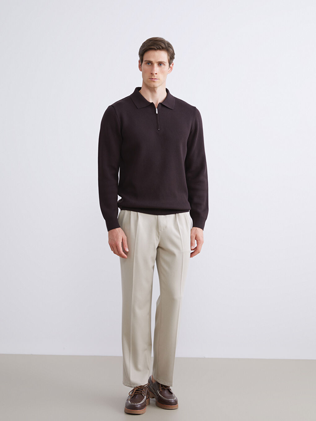 Kahverengi Polo Yaka Erkek Triko Kazak-1