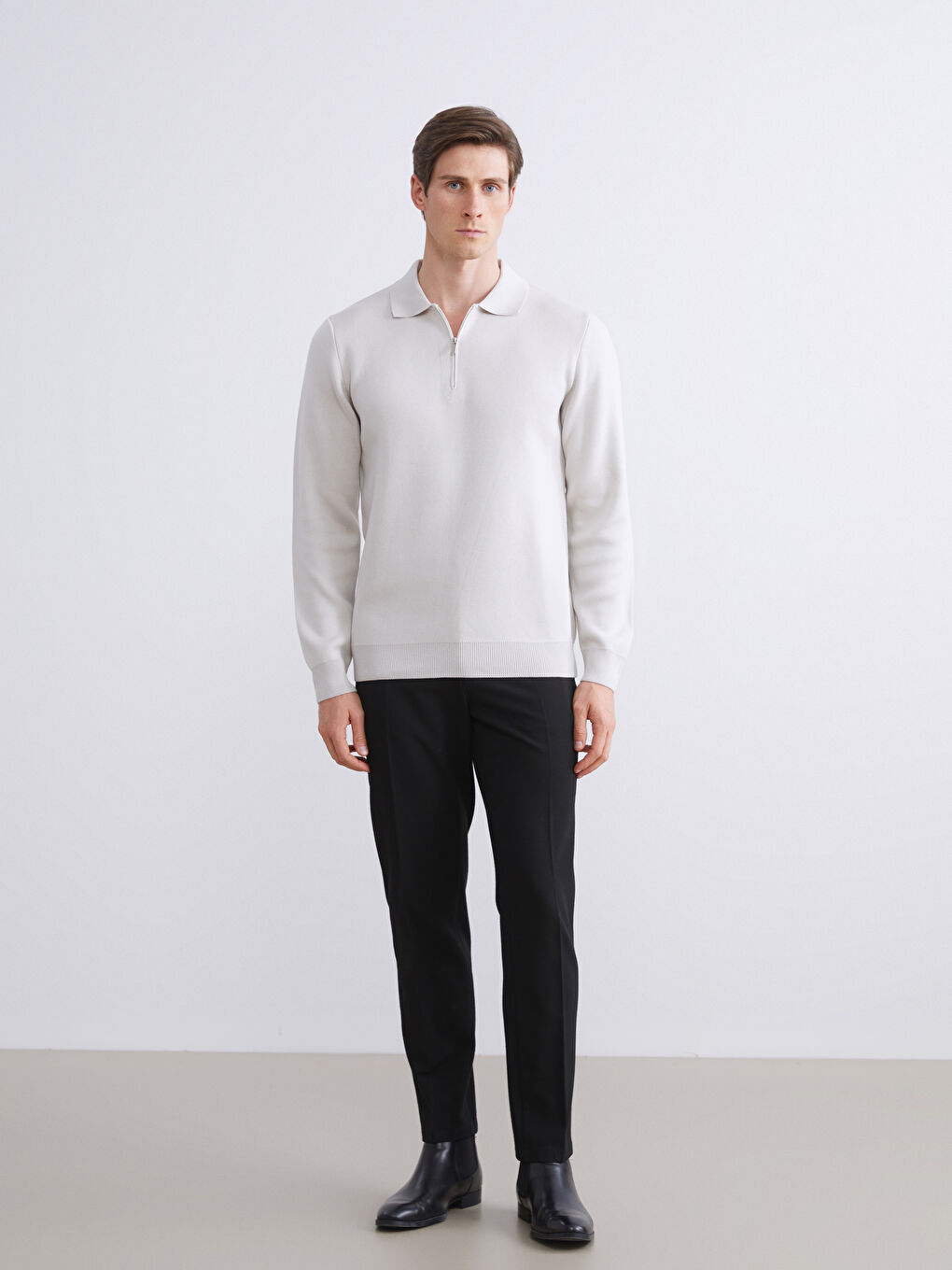 Bej Polo Yaka Erkek Triko Kazak-1