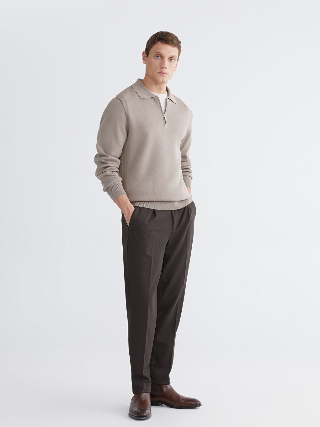 Kahverengi Polo Yaka Erkek Triko Kazak-1