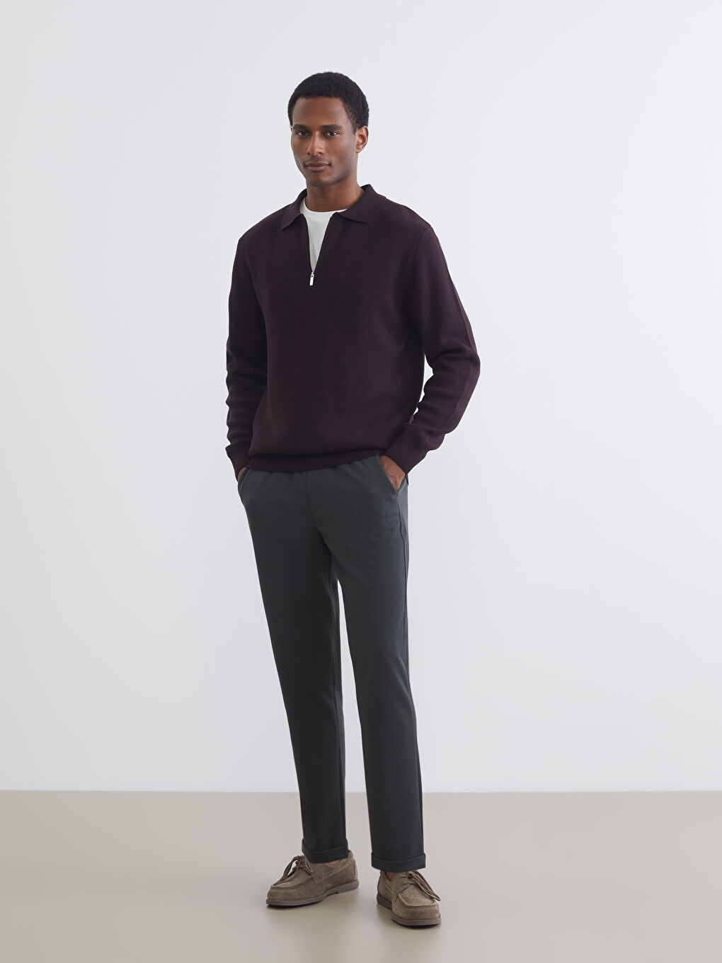 Kahverengi Polo Yaka Erkek Triko Kazak-1