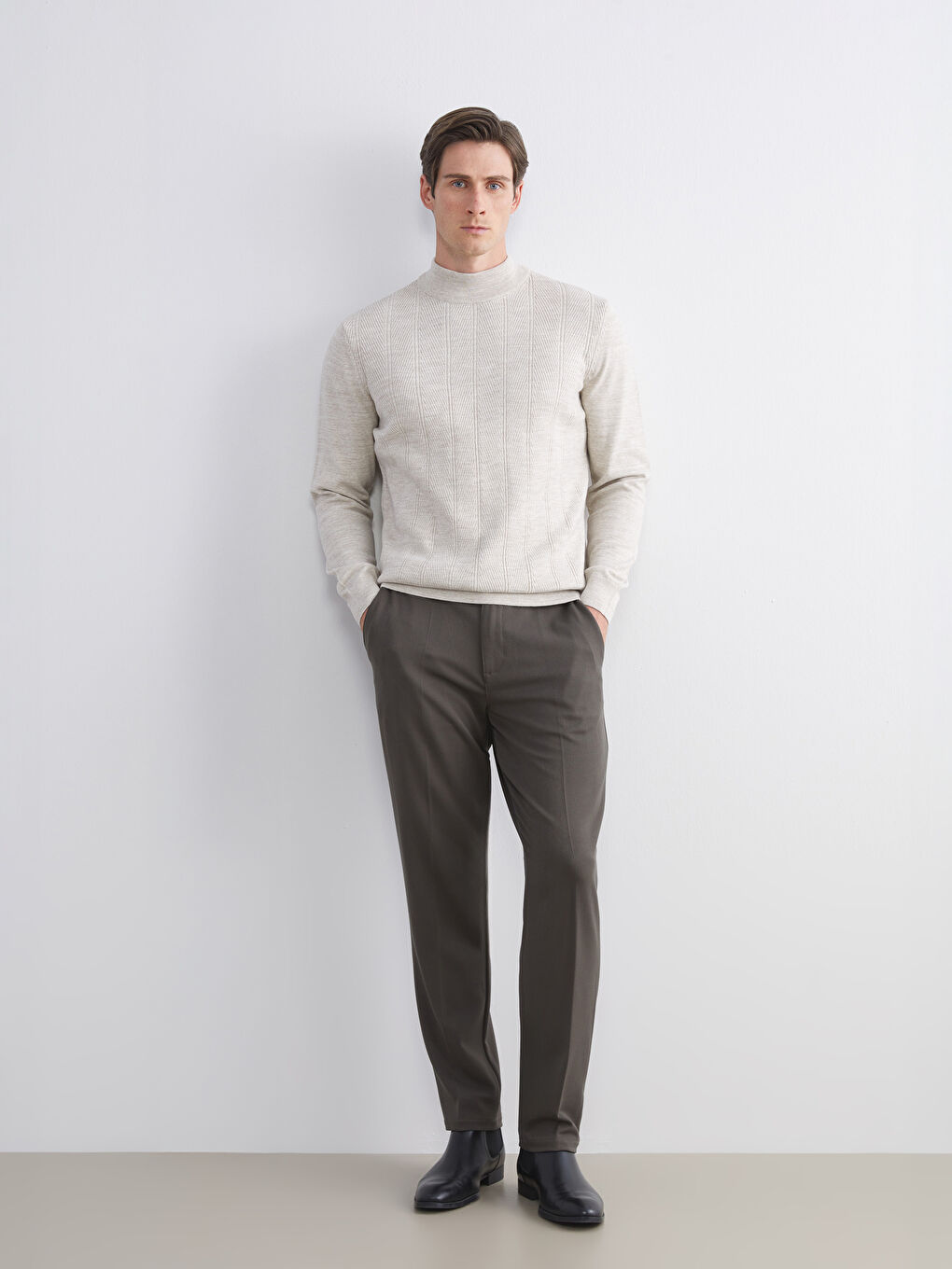 Bej Yarım Balıkçı Yaka Erkek Triko Kazak-1