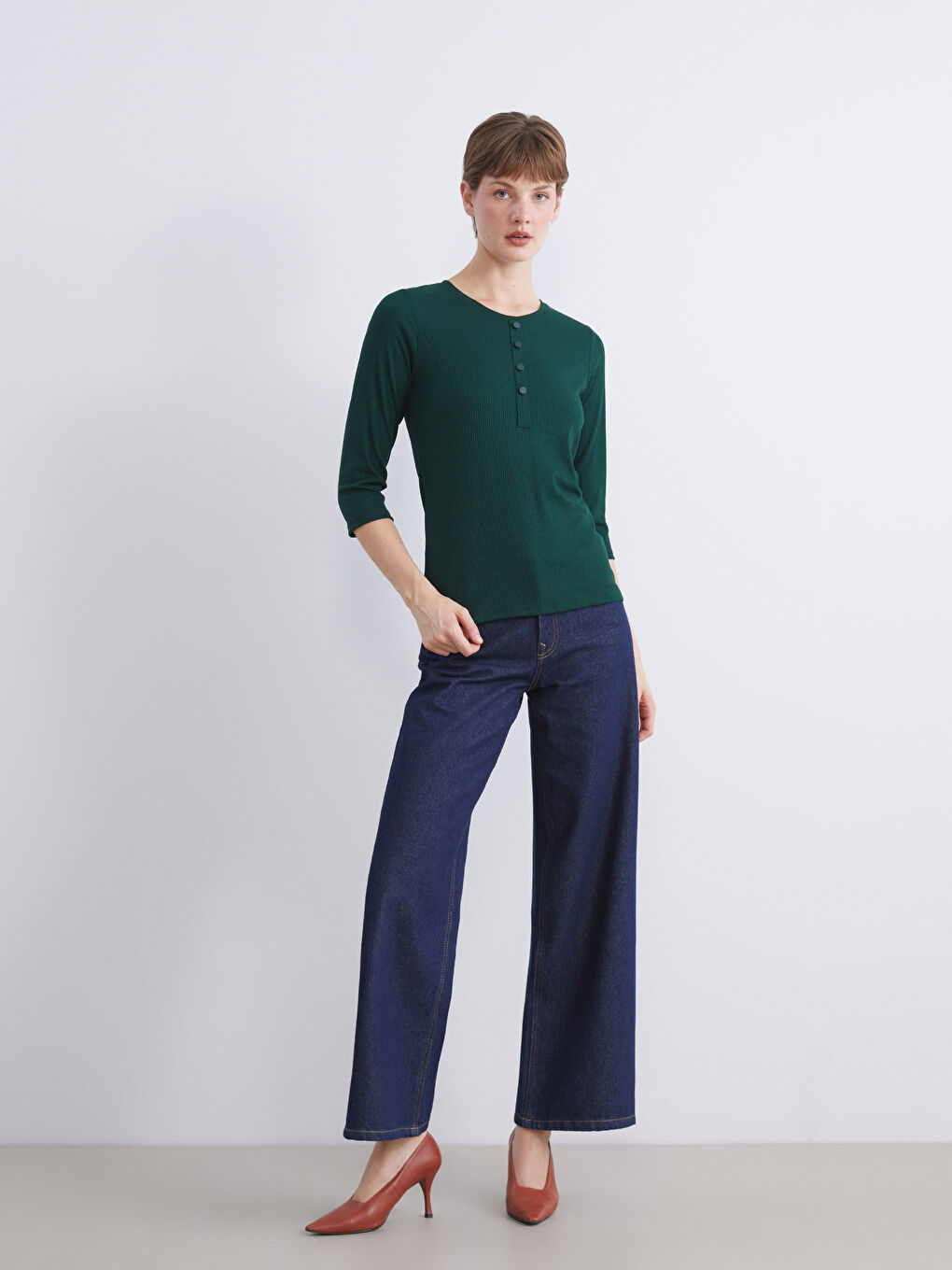 Yeşil Büyük Beden Bisiklet Yaka Kadın Tişört-1