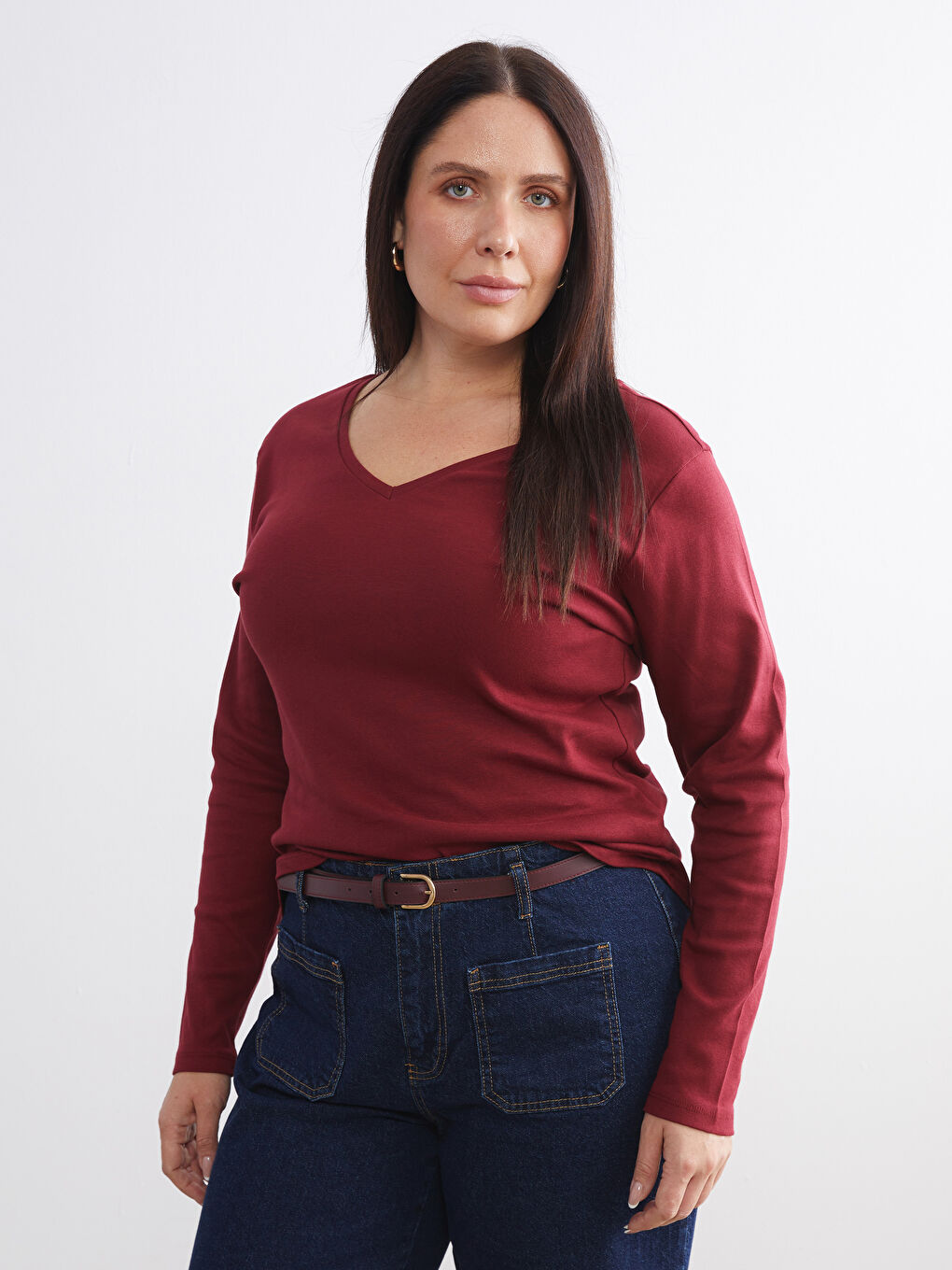 Bordo V Yaka Uzun Kollu Kadın Tişört-1