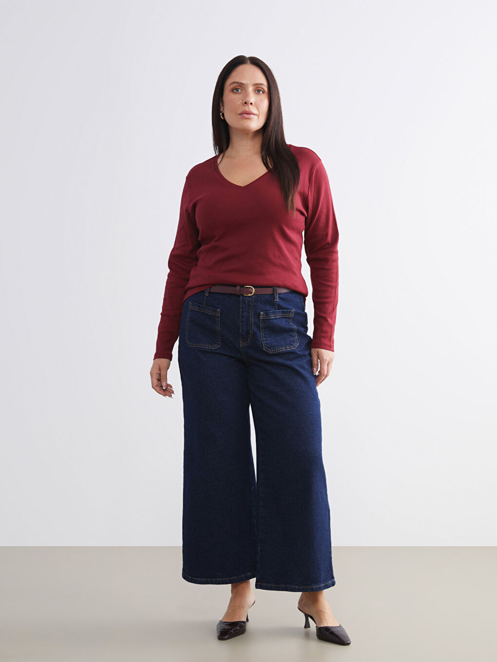 Bordo V Yaka Uzun Kollu Kadın Tişört-5