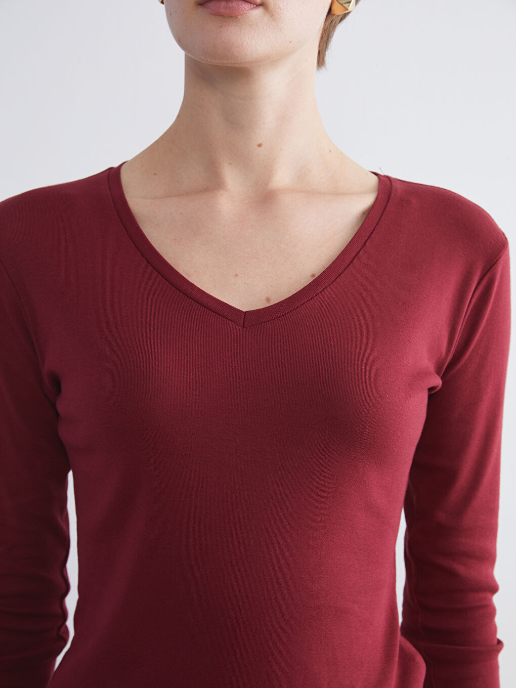 Bordo V Yaka Uzun Kollu Kadın Tişört-3