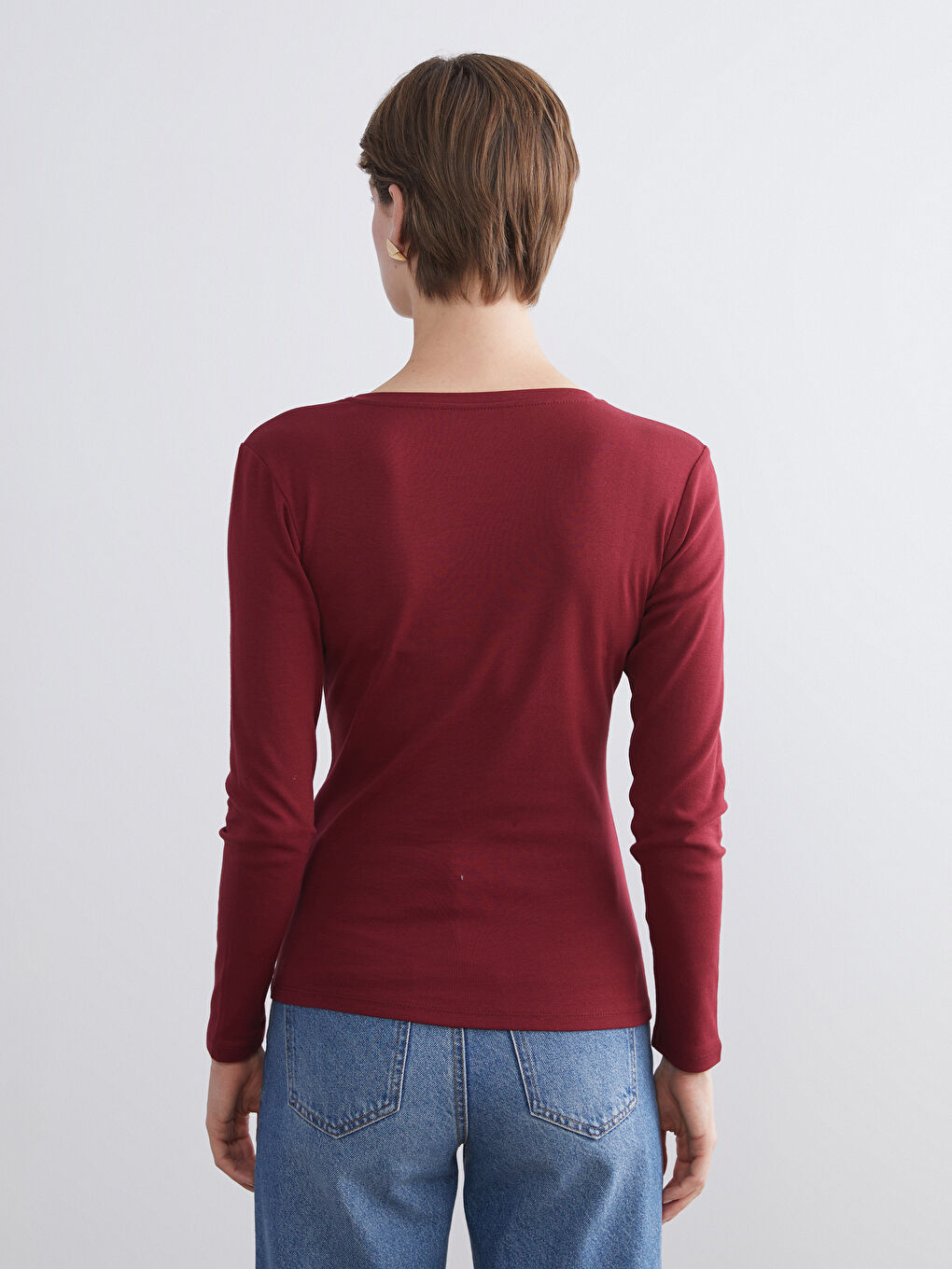 Bordo V Yaka Uzun Kollu Kadın Tişört-4