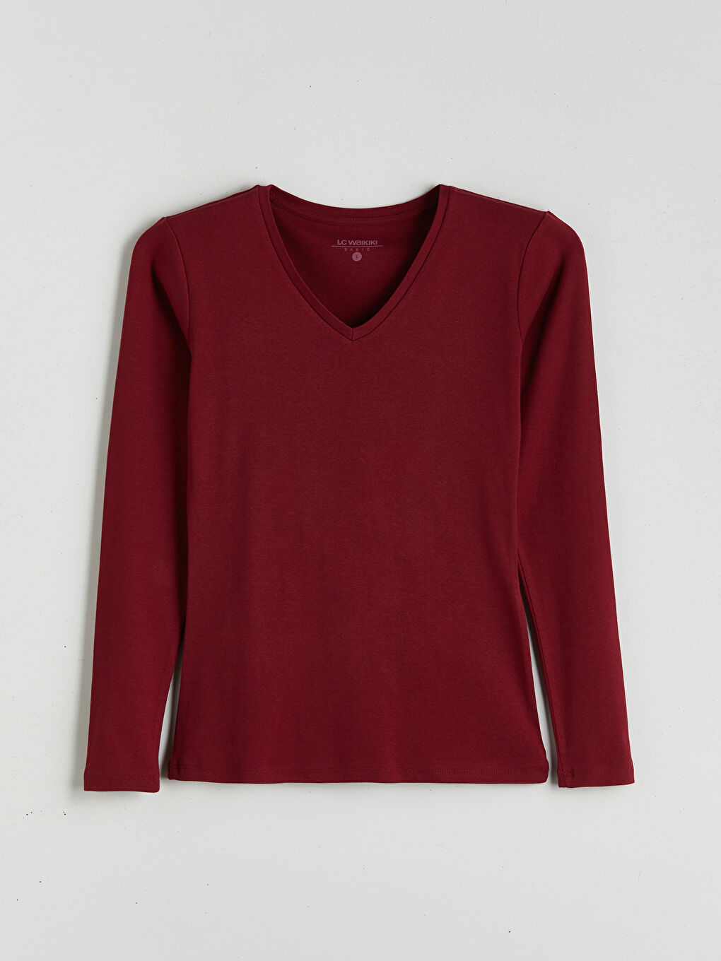 Bordo V Yaka Uzun Kollu Kadın Tişört-6
