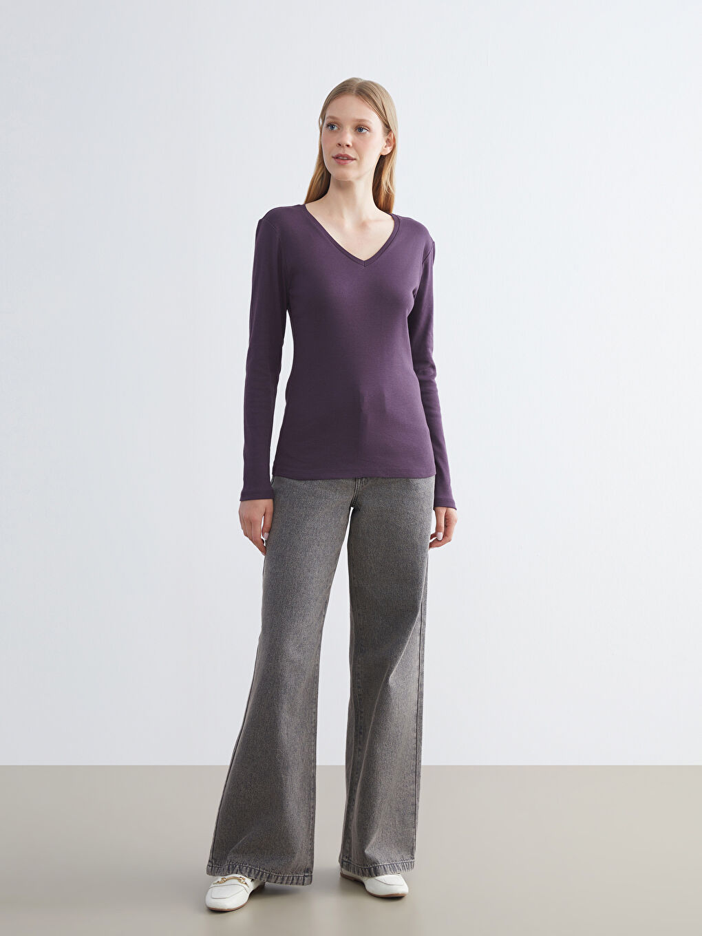 Mürdüm V Yaka Uzun Kollu Kadın Tişört-2