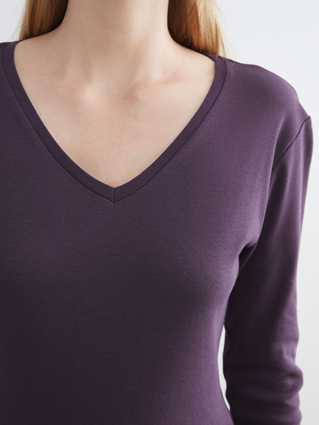 Mürdüm V Yaka Uzun Kollu Kadın Tişört-3
