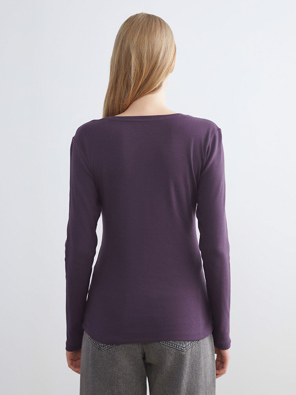 Mürdüm V Yaka Uzun Kollu Kadın Tişört-4