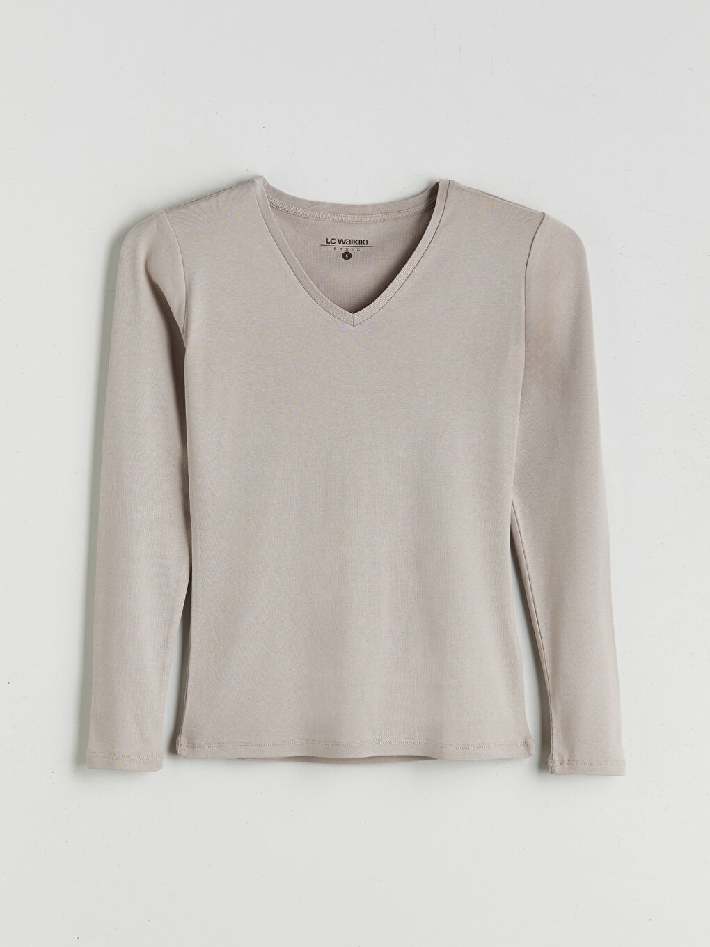 Bej V Yaka Uzun Kollu Kadın Tişört-6