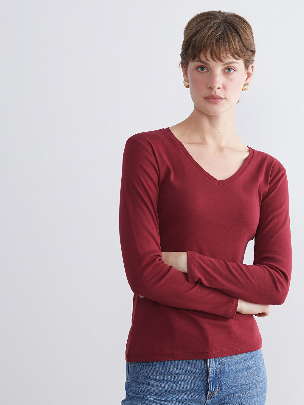 Bordo V Yaka Uzun Kollu Kadın Tişört