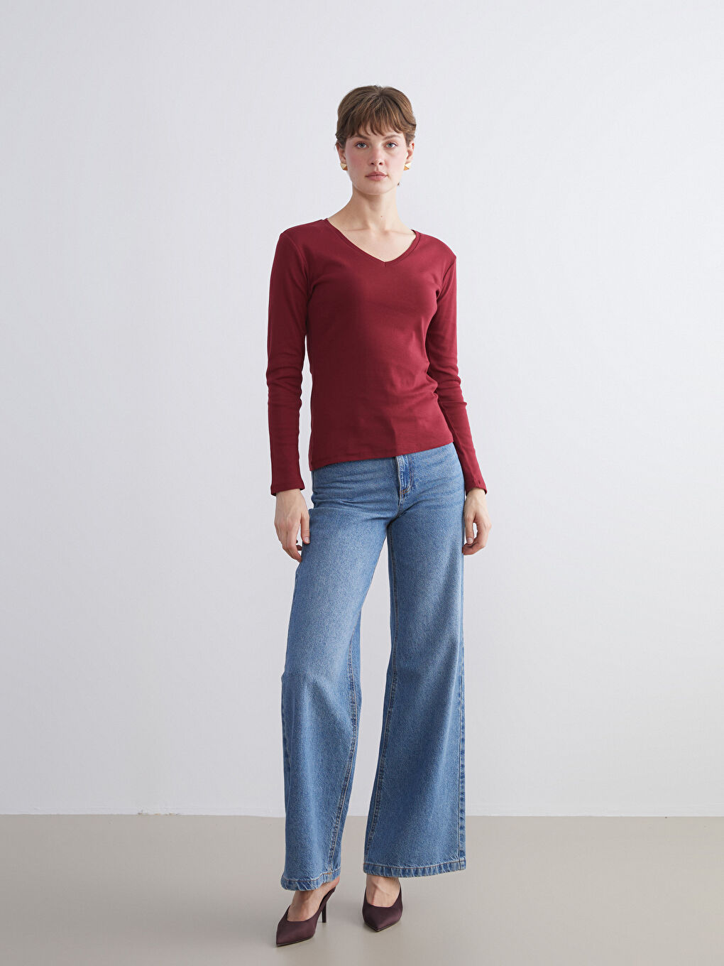Bordo V Yaka Uzun Kollu Kadın Tişört-2