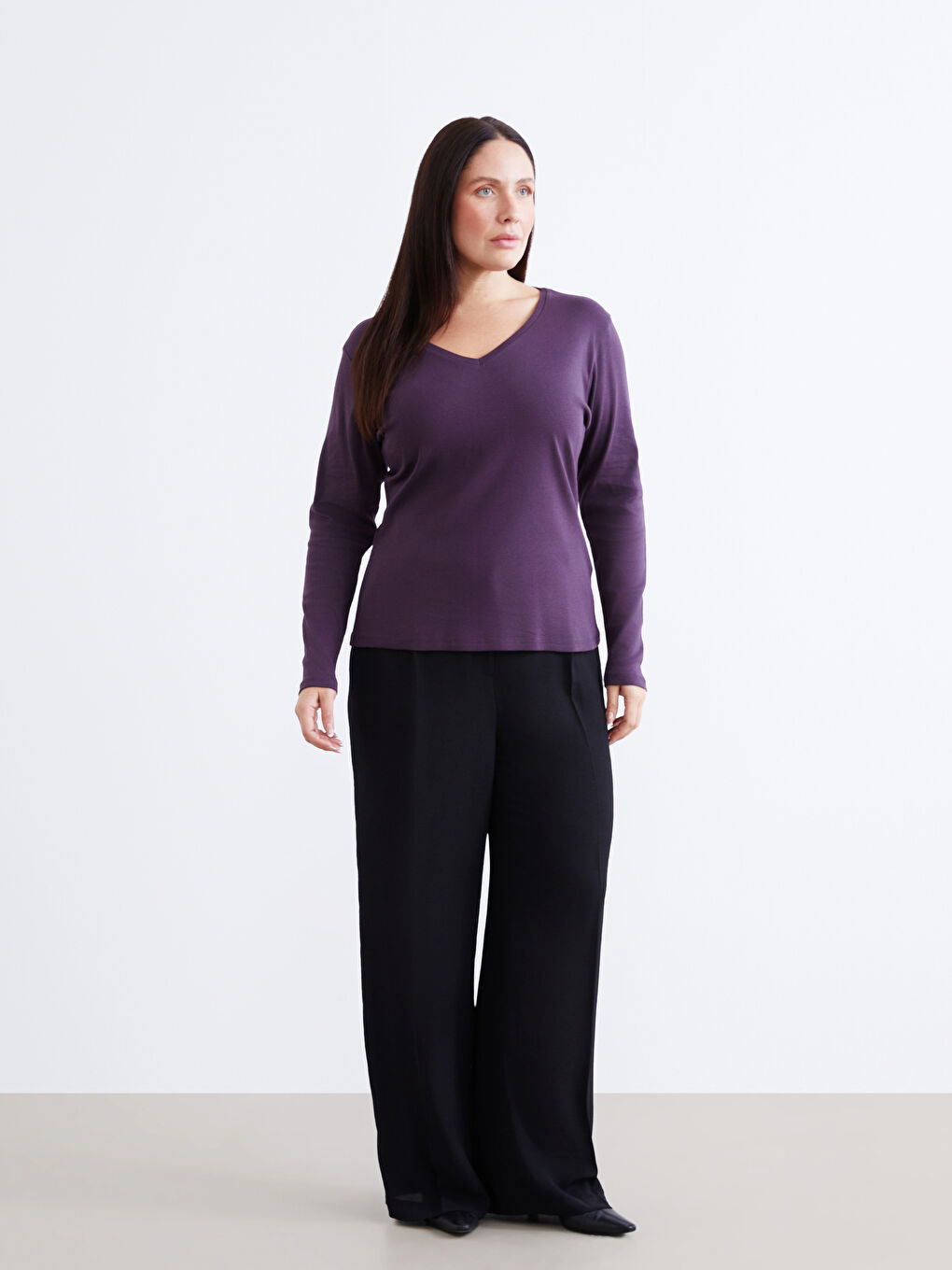 Mürdüm V Yaka Uzun Kollu Kadın Tişört-5