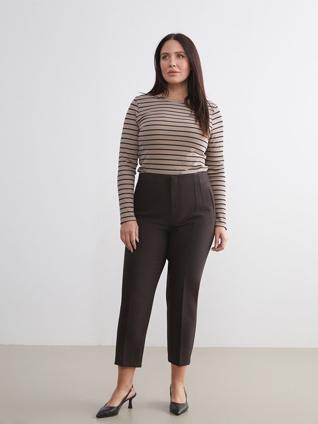 Bej Bisiklet Yaka Çizgili Kadın Body-5