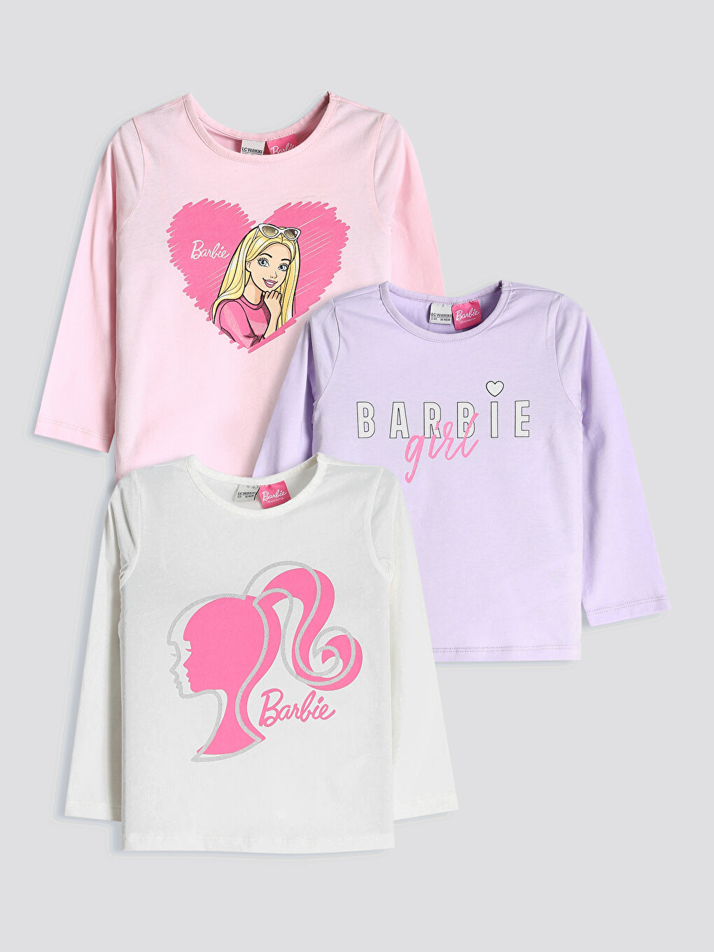 Lot de 3 T-shirts pour Filles Barbie à Col Rond Imprimés