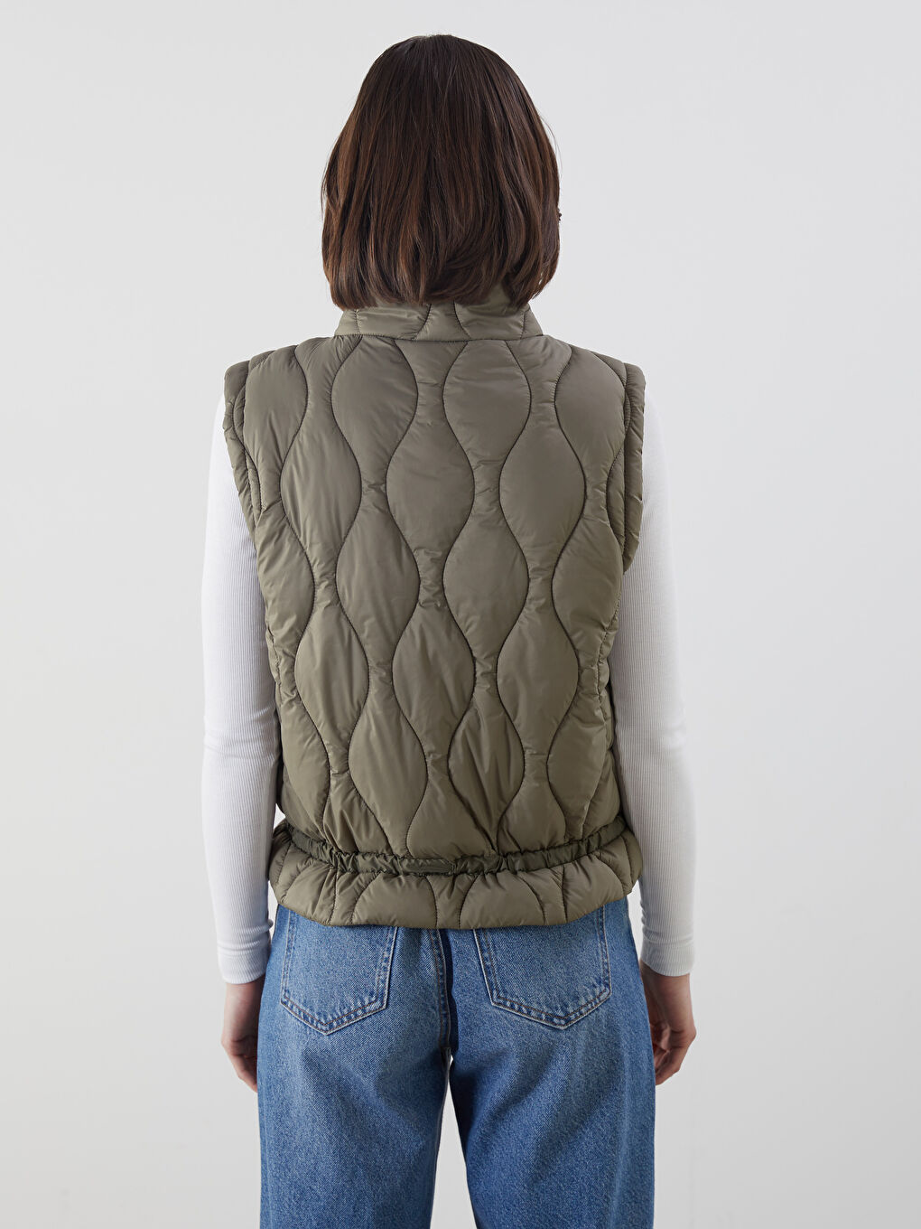 Haki Dik Yaka Kapitone Oversize Kadın Şişme Yelek-3