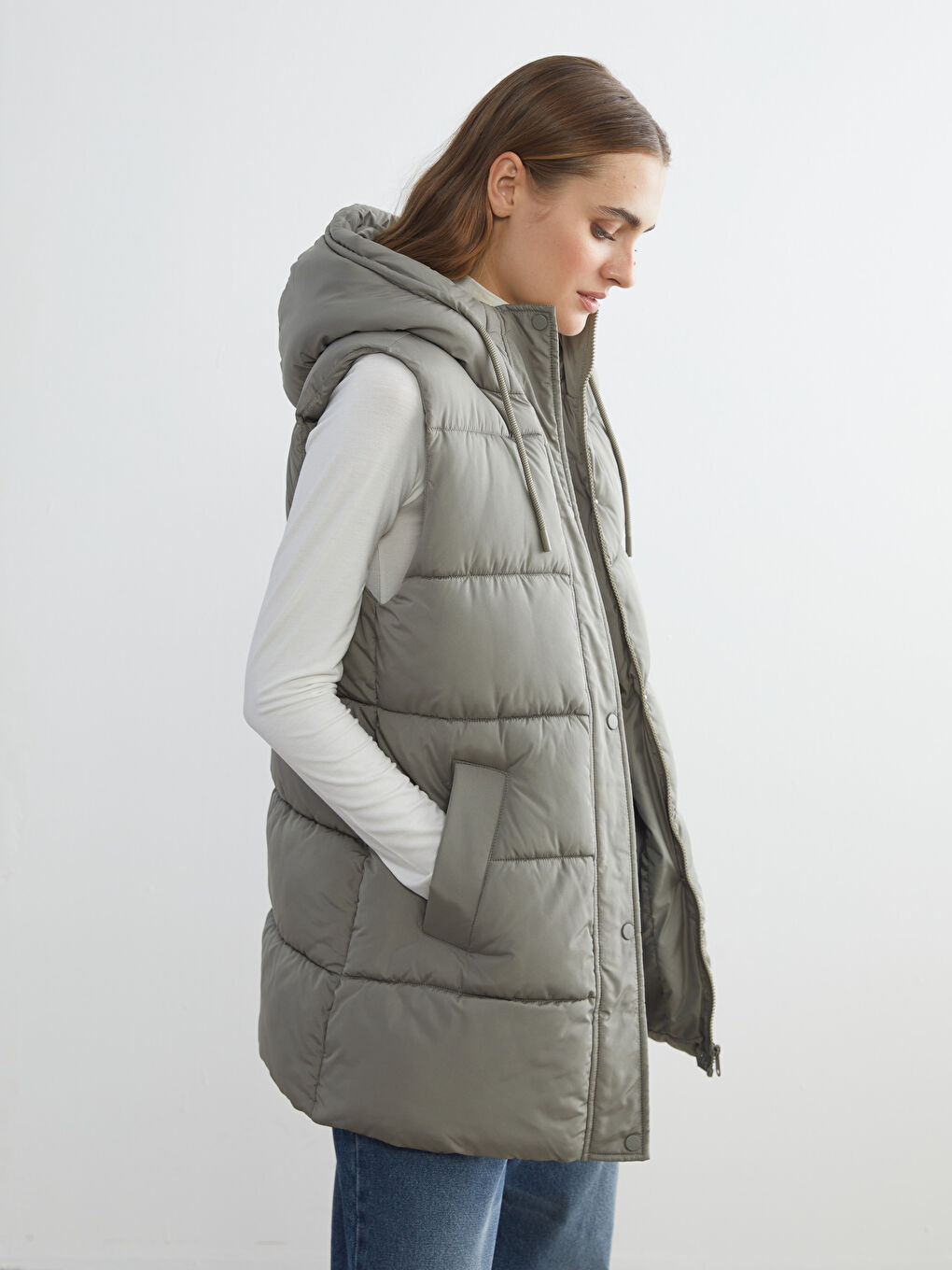 Haki Kapüşonlu Kadın Şişme Yelek