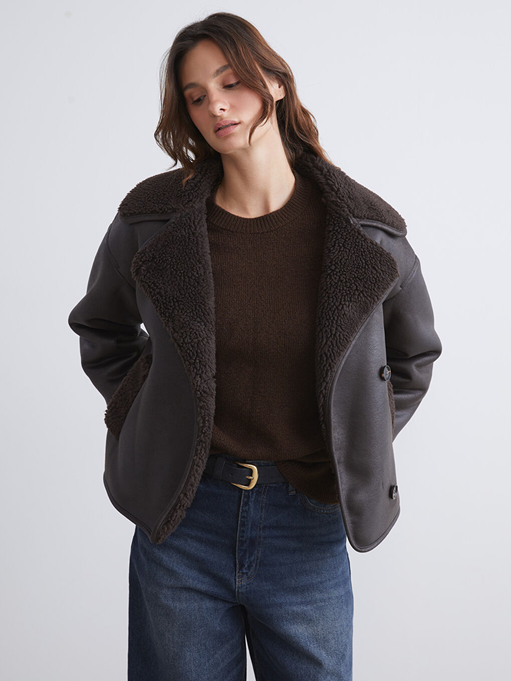 Kahverengi Kürk Yaka Oversize Kadın Süet Mont-1