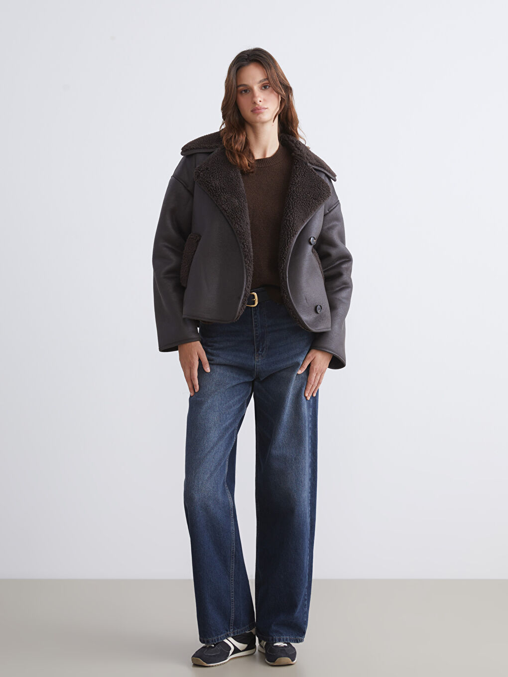 Kahverengi Kürk Yaka Oversize Kadın Süet Mont-2