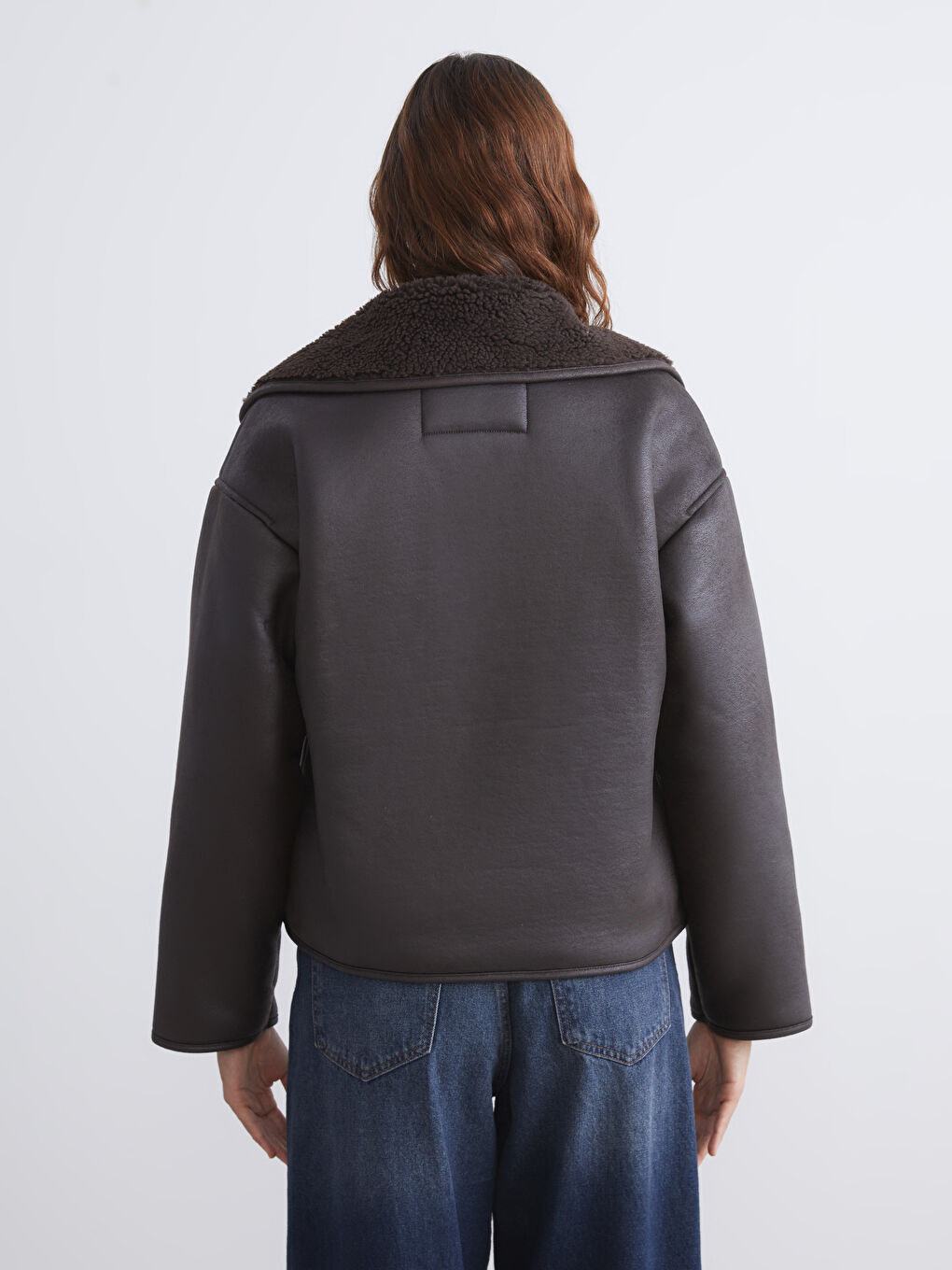 Kahverengi Kürk Yaka Oversize Kadın Süet Mont-5