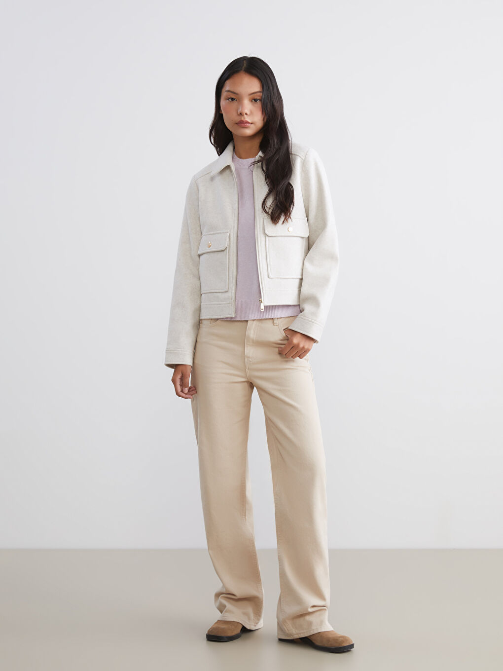 Ekru Gömlek Yaka Kadın Kaşe Ceket-1