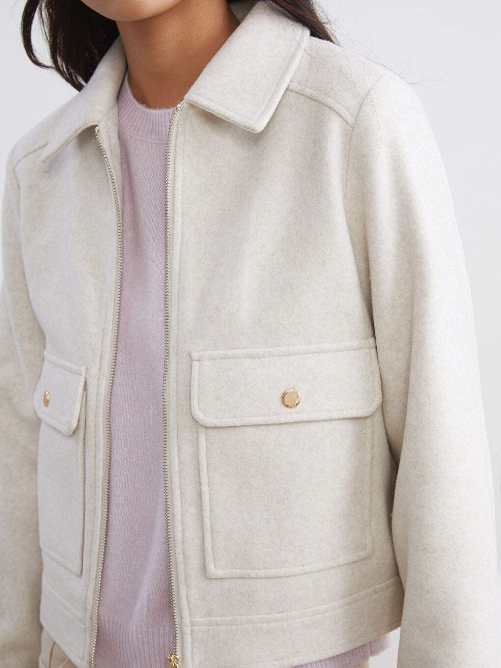 Ekru Gömlek Yaka Kadın Kaşe Ceket-2