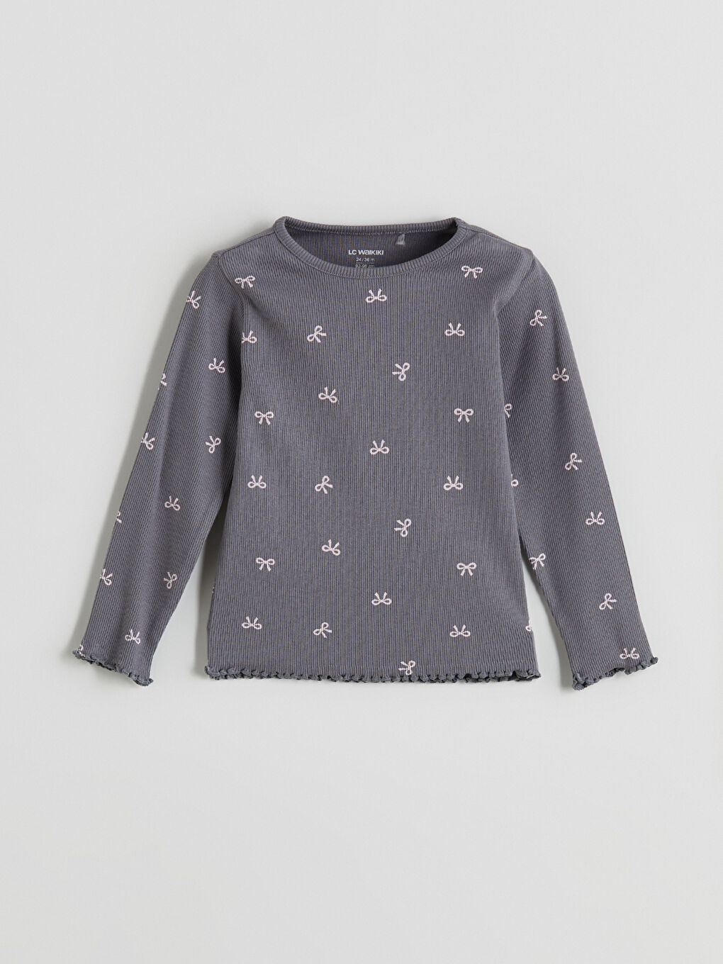 Antrasit Bisiklet Yaka Fiyonk Desenli Uzun Kollu Kız Bebek Tişört