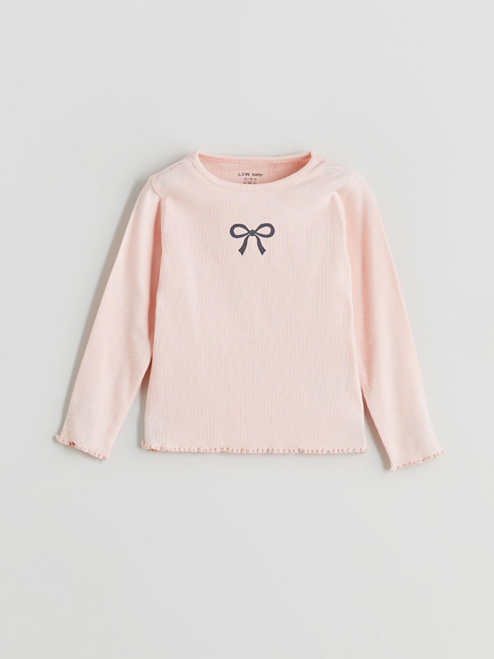 Pembe Bisiklet Yaka Fiyonk Desenli Uzun Kollu Kız Bebek Tişört